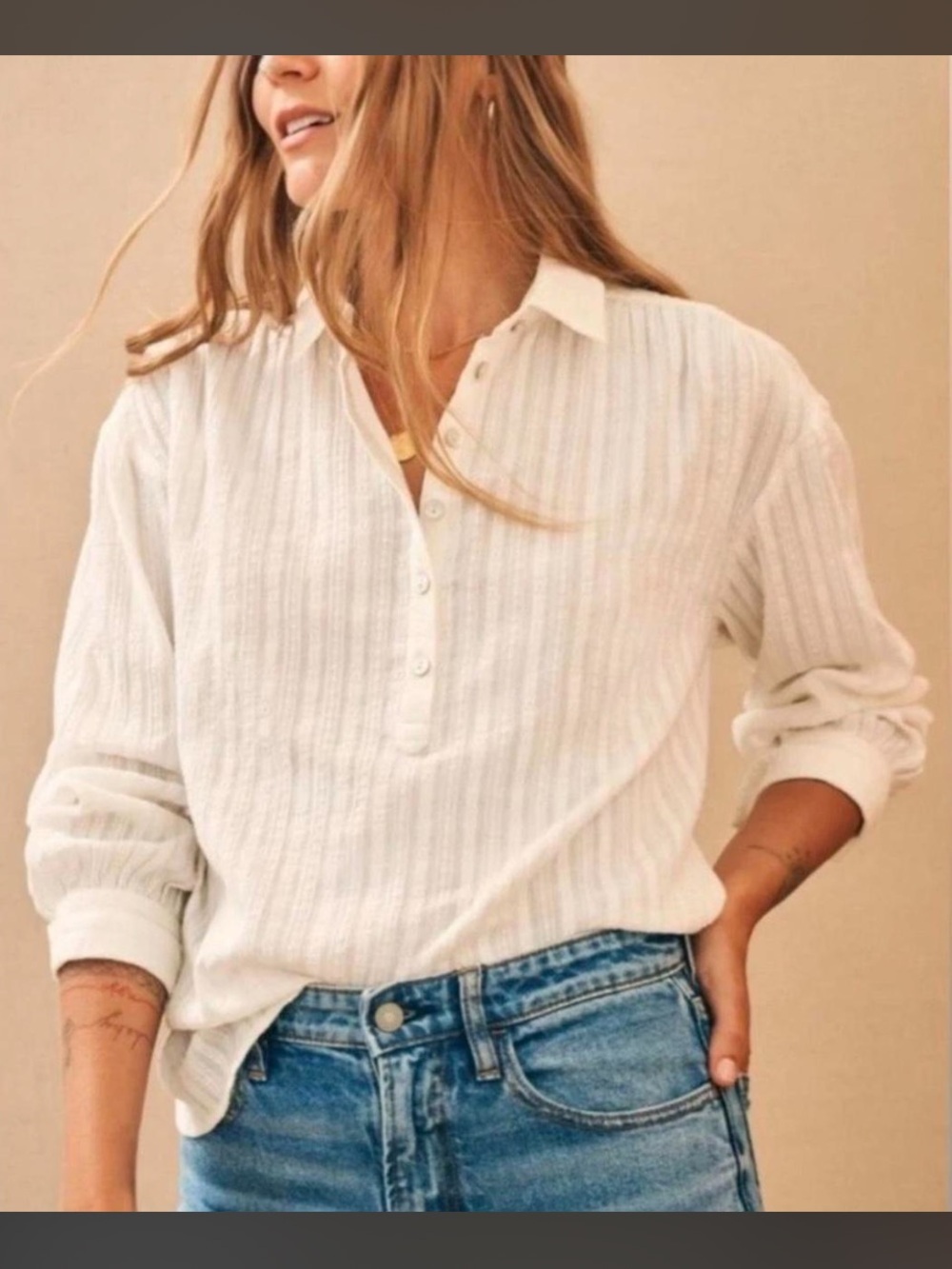 Faherty Olli 100% Organic Cotton Long Sleeve Henley Boho Blouse Ivory Size XS